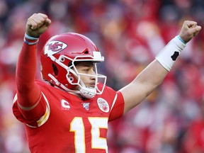 Patrick Mahomes #15 of the Kansas City Chiefs reacts after a touchdown in the fourth quarter against the Tennessee Titans in the AFC Championship Game at Arrowhead Stadium on January 19, 2020 in Kansas City, Missouri.