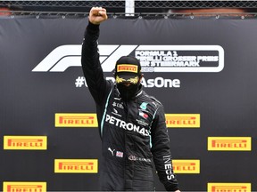 Lewis Hamilton of Great Britain and Mercedes GP celebrates on the podium after winning the Formula One Grand Prix of Styria at Red Bull Ring on Sunday, July 12, 2020 in Spielberg, Austria.