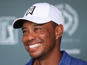 Tiger Woods speaks to the media after playing in the second round of The Memorial Tournament on July 17, 2020 at Muirfield Village Golf Club in Dublin, Ohio.