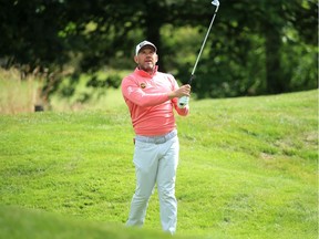 Lee Westwood of England plays his second shot on the 15th hole during Day 3 of the Betfred British Masters at Close House Golf Club on Friday, July 24, 2020, in Newcastle upon Tyne, England.