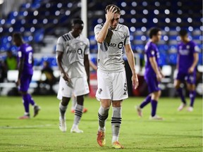 Impact's Luis Binks (5) reacts in the second half of their game against Orlando City during the knockout round of the MLS is Back tournament at ESPN Wide World of Sports Complex on Saturday, July 25, 2020, in Reunion, Fla.