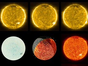 Images of the Sun taken with Polarimetric and Helioseismic Imager (PHI) and Extreme Ultraviolet Imager (EUI) of the Solar Orbiter spacecraft are seen in a combination of photographs released by NASA July 16, 2020.
