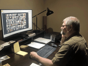 Tim Jennings, the executive director and CEO of the Shaw Festival, talks to members of the company on Zoom from his home office.