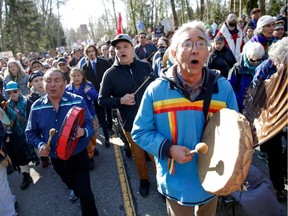 Indigenous leaders, Coast Salish Water Protectors and others demonstrate in Burnaby, B.C. in 2018 against the expansion of the Trans Mountain pipeline project. Indigenous peoples do not speak with one voice, and there are others who are supporters of the project, Tomas Jirousek notes.