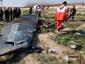 Debris from Ukraine International Airlines Flight PS752, which crashed after takeoff from Iran's Imam Khomeini airport, on the outskirts of Tehran, on Jan. 8, 2020.