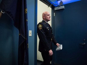 Vancouver Police Chief Adam Palmer arrives for a news conference in Vancouver, B.C., on Wednesday November 8, 2017. Canada's police chiefs are calling for decriminalization of personal possession of illicit drugs as the best way to battle substance abuse and addiction.