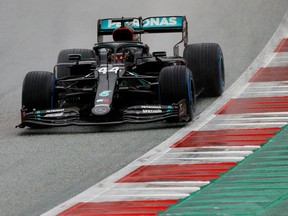 Mercedes' Lewis Hamilton in action during qualifying on Saturday, July 11, 2020, following the resumption of F1 after the outbreak of the coronavirus disease (COVID-19).