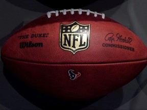 The NFL logo is pictured on a football at an event in New York City on Nov. 30, 2017.