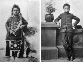 Thomas Moore is seen in "before and after" photos, dated 1897, at the Regina Indian Industrial School. Tomas Jirousek describes the Indian Act as "an assimilationist tool enacted in 1876 to exert control over First Nations peoples in various ways and to eradicate their cultures and languages."