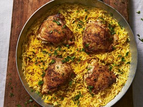 Yasmin Fahr's chicken is cooked atop a basmati rice mixture.