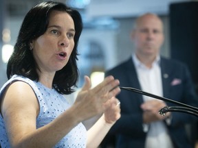 Montreal Mayor Valérie Plante and Michel Leblanc, president of the Montreal Metropolitan Chamber of Commerce, at press conference on July 21, 2020, to talk about the relaunch of Montreal's summer season and tourism-related economy. The city will table its municipal budget in November.