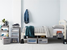 Look above and below for ways to add storage and keep organized. Dorm Storage from $15, BedBathandBeyond.ca
