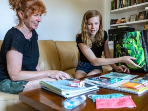 Grade 6 student Meredith Headon wanted to do her school supply shopping in person in Montreal on Sunday August 16, 2020 instead of buying from online stores. Meredith and her mother Mary Ellen Kenney go through the day's purchases.