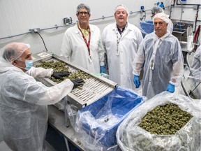 Left to right: George Goulakos, Peter Schissler and Dr. George Desypris of Great White North Growers, makers of 514 cannabis products, are seen in Montreal on Wednesday, Aug. 19, 2020.
