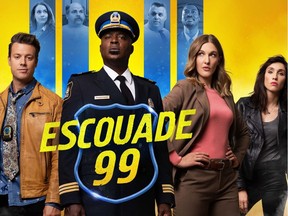 Escouade 99, the Quebec version of hit American TV show Brooklyn Nine-Nine, stars (L-R) Mickaël Gouin, Widemir Normil, Mylène Mackay and Bianca Gervais.