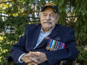 Second World War vet Harry Hurwitz will be honoured a day after 75th anniversary of end of Second World War. He is seen here at Ste-Anne’s Hospital in Sainte-Anne-de-Bellevue on Wednesday, Aug. 26, 2020.