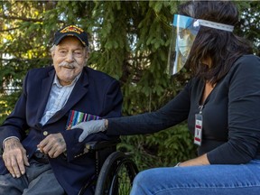 Second World War vet Harry Hurwitz, with daughter Debbie, was honoured by Canadian Armed Forces Sept. 3, 2020, at the Veterans Hospital.
