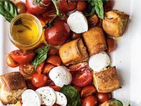 Diala Canelo adds large garlic ciabatta croutons to her caprese salad.