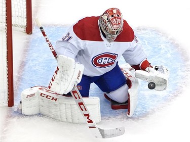 Carey Price #31 of the Montreal Canadiens stops a shot in the first period against the Pittsburgh Penguins during Game One of the Eastern Conference Qualification Round prior to the 2020 NHL Stanley Cup Playoffs at Scotiabank Arena on August 01, 2020 in Toronto, Ontario.