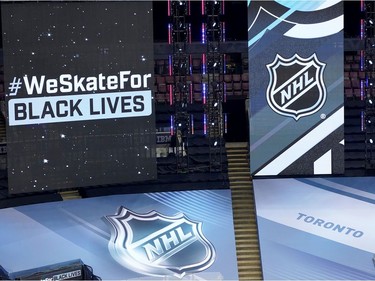 The NHL is standing in solidarity with the Black Lives Matter movement as seen before Game One of the Eastern Conference Qualification Round prior to the 2020 NHL Stanley Cup Playoffs at Scotiabank Arena on August 01, 2020 in Toronto, Ontario.