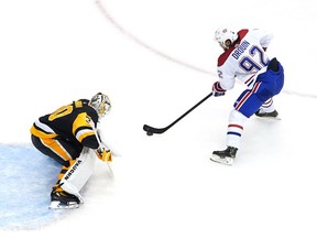 Canadiens' Jonathan Drouin fails to get a penalty shot on Pengiuns' Matt Murray in overtime at Scotiabank Arena on Aug. 1, 2020 in Toronto.