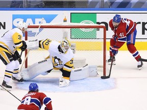 Canadiens' Paul Byron scored the tying goal in the second period on a wraparound effort that beat Penguins goalie Matt Murray Wednesday night at Scotiabank Arena.