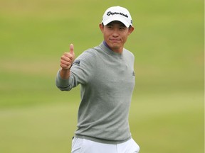 Collin Morikawa of the United States celebrates as he walks off the 18th green during the final round of the 2020 PGA Championship at TPC Harding Park on Sunday, Aug. 9, 2020, in San Francisco.