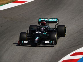 Lewis Hamilton of Great Britain driving the (44) Mercedes AMG Petronas F1 Team Mercedes W11 on track during the F1 Grand Prix of Spain at Circuit de Barcelona-Catalunya on August 16, 2020 in Barcelona, Spain.