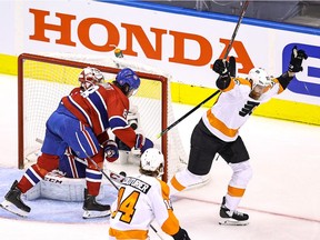 Jakub Voracek #93 of the Philadelphia Flyers scores a goal at 5:21 past Carey Price #31 of the Montreal Canadiens during the first period in Game 3 of the Eastern Conference First Round during the 2020 NHL Stanley Cup Playoffs at Scotiabank Arena on August 16, 2020 in Toronto.