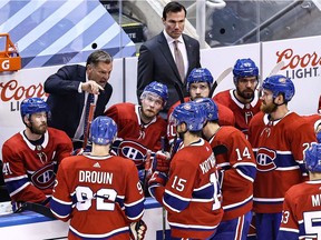 Canadiens interim head coach Kirk Muller gives instructions to his players during third period of 1-0 loss to the Philadelphia Flyers in Game 3 of their playoff series Sunday at Toronto’s Scotiabank Arena.