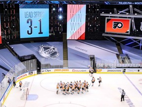 The Philadelphia Flyers celebrate after beating the Canadiens 2-0 in Game 4 of their first round NHL playoff series Tuesday night at Toronto’s Scotiabank Arena to take a 3-1 lead in the best-of-seven matchup.