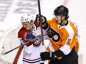 Flyers' Philippe Myers was called for a double-minor high-sticking penalty after whacking Canadiens' Jake Evans during the second period in Game 5 Wednesday night at the Scotiabank Arena in Toronto.