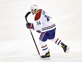 Canadiens forward Nick Suzuki celebrates after scoring goal in 5-3 win over the Philadelphia Flyers in Game 5 of their playoff series Wednesday night at Toronto’s Scotiabank Arena.