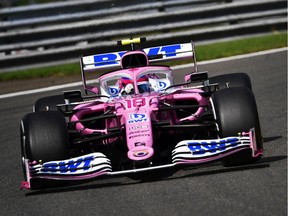 Lance Stroll of Canada driving the (18) Racing Point RP20 Mercedes on track during the F1 Grand Prix of Belgium at Circuit de Spa-Francorchamps on Sunday Aug. 30, 2020, in Spa, Belgium.