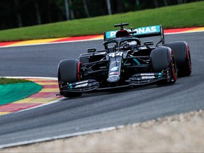 Mercedes' British driver Lewis Hamilton competes during the qualifying session at the Spa-Francorchamps circuit in Spa on Saturday, Aug. 29, 2020, ahead of the Belgian Formula One Grand Prix.