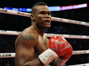 Eleider Alvarez, now 25-2, was knocked through the bottom two ropes, onto the ring apron, after being hit with a right-left combination on Saturday night in Las Vegas.