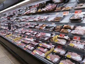 A meat counter in a grocery store is seen in Montreal, on Thursday, April 30, 2020. The shutdown or the reduction of capacity in meat-packaging plants in Alberta was affecting Canada's food supply chain, affecting grocery stores and fast-food chains.