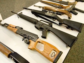 Pictured here are assault style rifles that could be subject to the Liberal government's ban.
