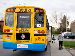 A school bus arrives carrying one student as schools outside the greater Montreal region begin to reopen their doors amid the coronavirus disease (COVID-19) outbreak, in Saint-Jean-sur-Richelieu, Quebec, Canada May 11, 2020. Soon, students across the province, including in Montreal, will be returning to school.