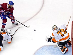 Canadiens' Jonathan Drouin stymied by Flyers goalie Carter Hart during second period Tuesday afternoon at the Scotiabank Centre in Toronto.