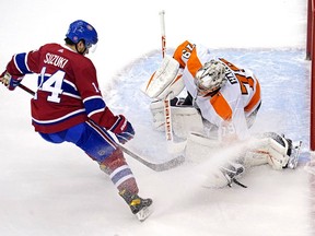 Flyers goaltender Carter Hart stops a shot by Canadiens' Nick Suzuki Tuesday afternoon en route to his second straight shutout.