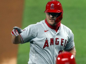 Mike Trout of the Los Angeles Angels runs the bases after hitting a two-run home run in the first inning against the Texas Rangers at Globe Life Field on Aug. 7, 2020 in Arlington, Texas.