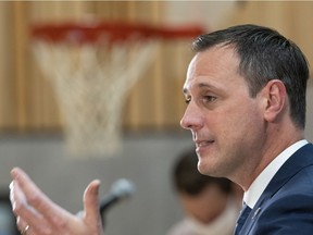Quebec Education Minister Jean-François Roberge announces measures for the back-to-school program on Monday Aug. 17, 2020 in a school gymnasium in Quebec City.