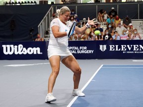 New York Empire's Kim Clijsters in action during her match against the Vegas Rollers' Ryan Nixon at the Greenbrier, White Sulphur Springs, W.V., on July 24, 2020.