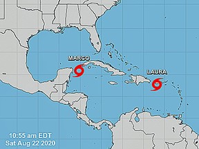 The National Hurricane Center issued advisories Saturday, Aug. 22, 2020, on both Tropical Storm Laura, over the northeastern Caribbean Sea, and Tropical Storm Marco, located over the northwestern Caribbean Sea.
