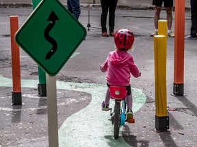 The Plateau Mont-Royal borough, in collaboration with Velo Quebec, officially unveiled the Jardin du Petit Monde a Bicyclette in the middle of Lafontaine Park in Montreal on Saturday September 12, 2020. Kids are introduced to stability tests and simulated streets complete with typical road signage.  Dave Sidaway / Montreal Gazette ORG XMIT: 64991