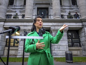 Montreal Mayor Valérie Plante holds a press conference outside the Lucien Saulnier Building in Montreal Sept. 14, 2020.
