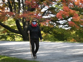 Chantale Vincent is framed with fall colours, as she walks along Chemin Olmsted on Sept. 22, 2020.