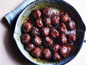 Sabrina Ghayour's pomegranate molasses and honey-glazed meatballs can be served with basmati rice.