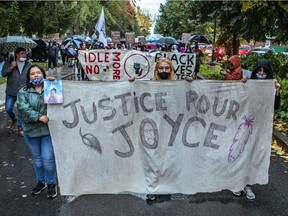 Joyce Echaquan, a 37-year-old Atikamekw woman died at Joliette hospital after she posted a video of slurs said by staff right before her death. A vigil was held in her honour in Saint-Charles-Borromee on Tuesday September 29, 2020. Dave Sidaway / Montreal Gazette ORG XMIT: 65082